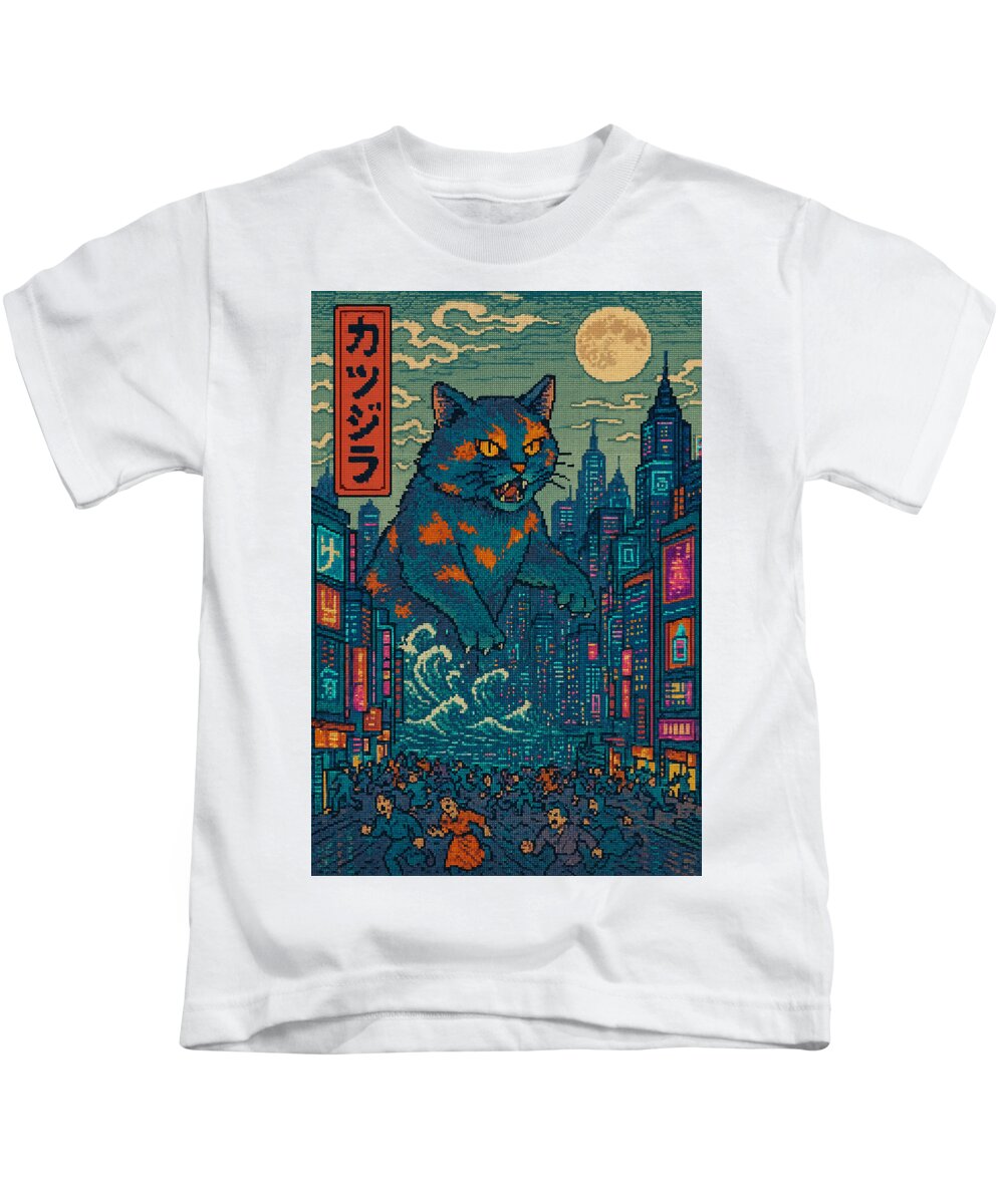Kids T-shirt, white with square cat monster graphic over teal city night scene