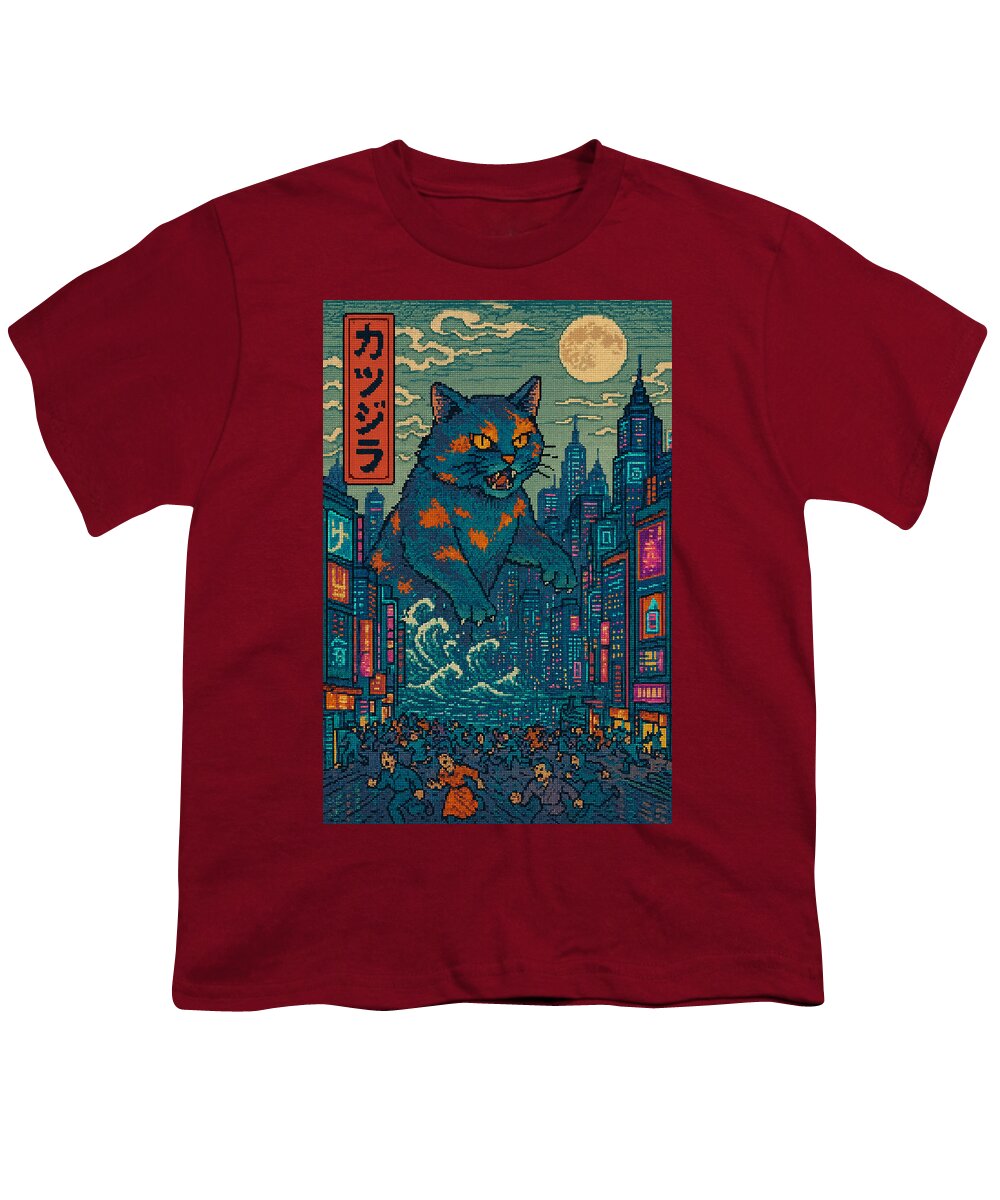 Youth T-shirt in dark red with cat monster city graphic print on front