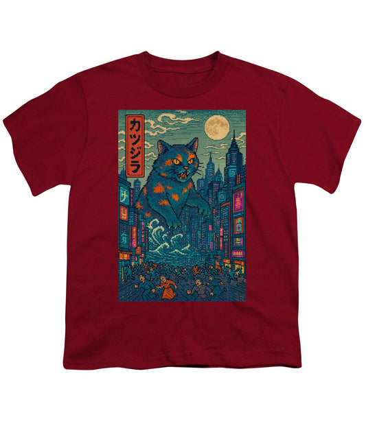 Youth T-shirt in dark red with cat monster city graphic print on front