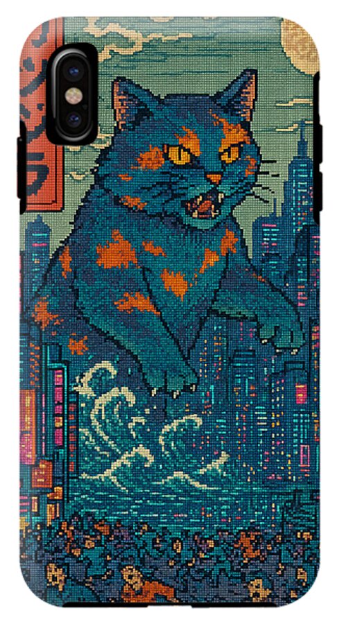 Phone case with pixel-art blue cat monster and city skyline, with camera cutout