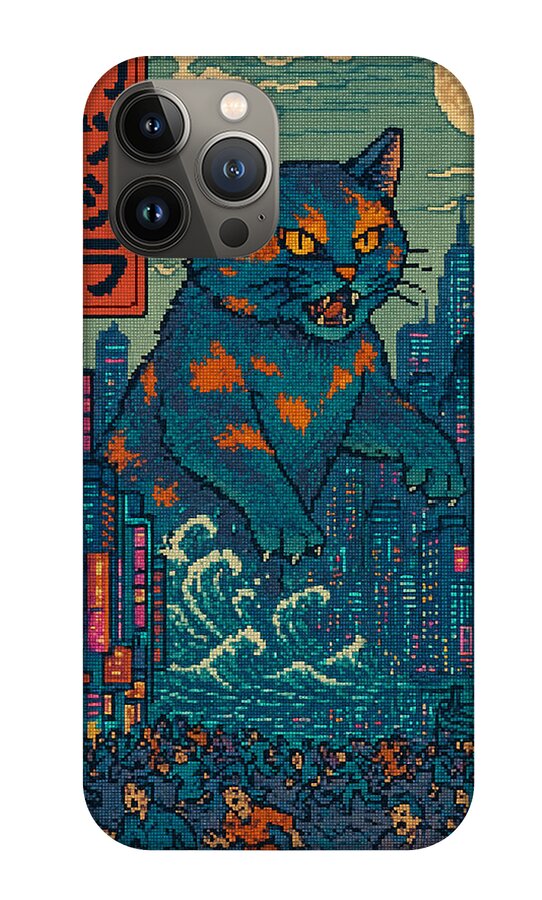 Phone case with orange blue pixel cat monster in teal city, three camera lenses and flash opening