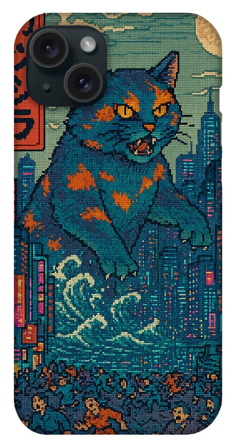 Phone case with blue cat monster pixel art and neon city skyline, black camera holes
