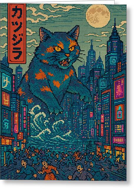 Greeting card featuring a blue orange monster cat with a neon city skyline