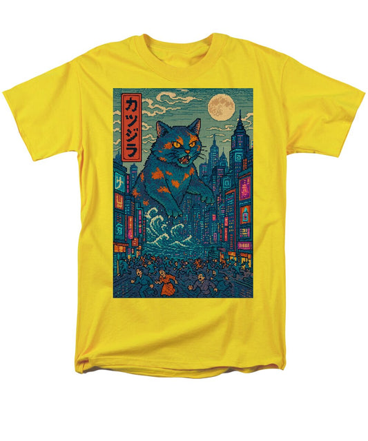 Men's yellow T-shirt with large cat monster city graphic, crew neck.