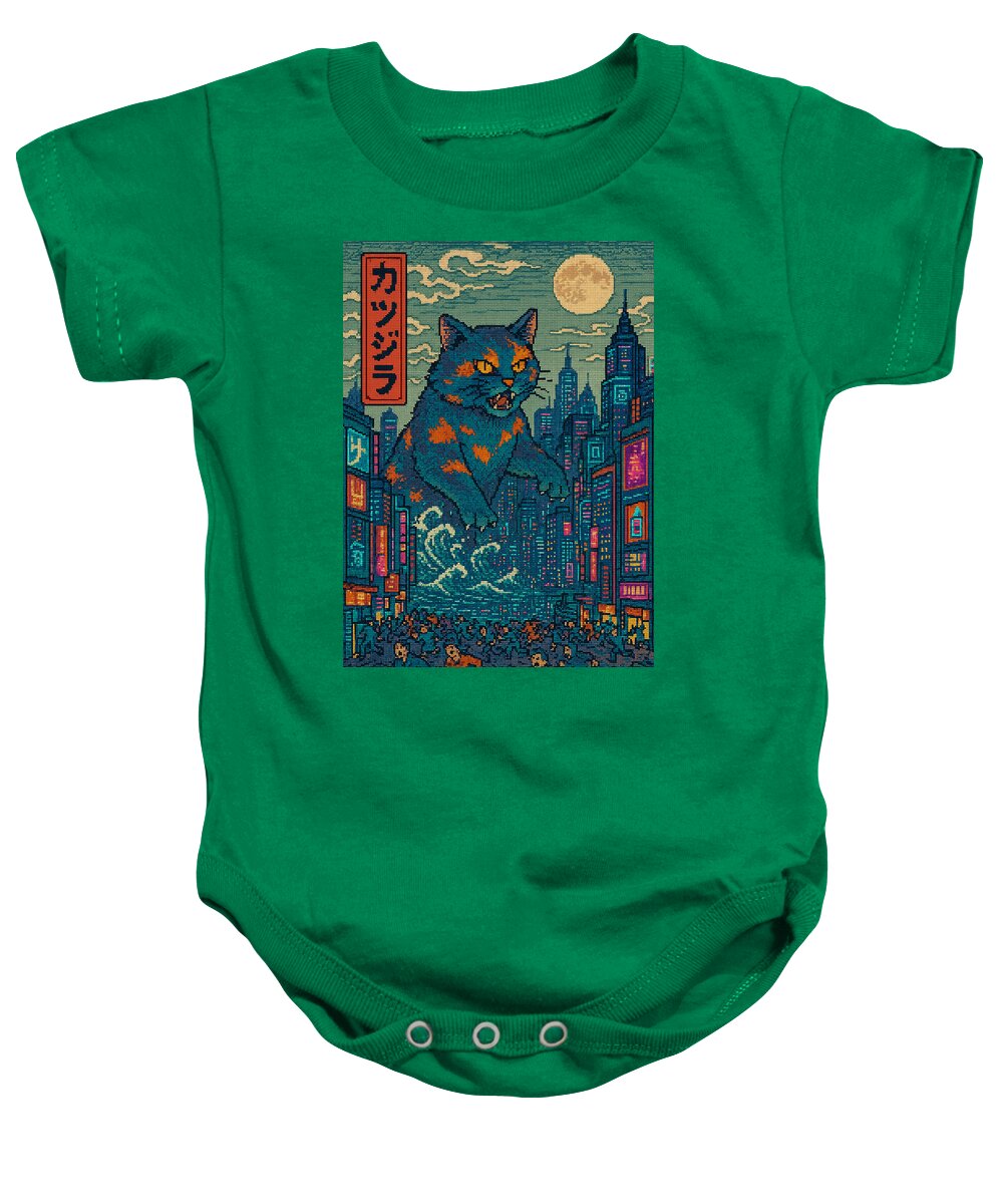 Green baby onesie with short sleeves and front graphic of a cat flying over city buildings