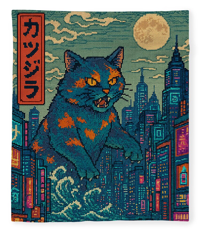 Cat monster throw blanket with blue cat and orange accents over city night pixel pattern