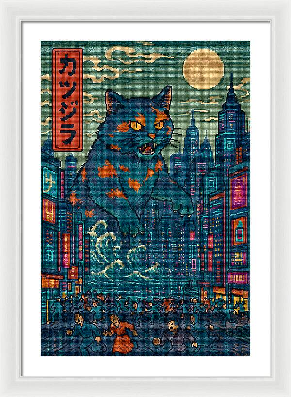 Cat city night framed print with blue cat and orange details above a dense city street.