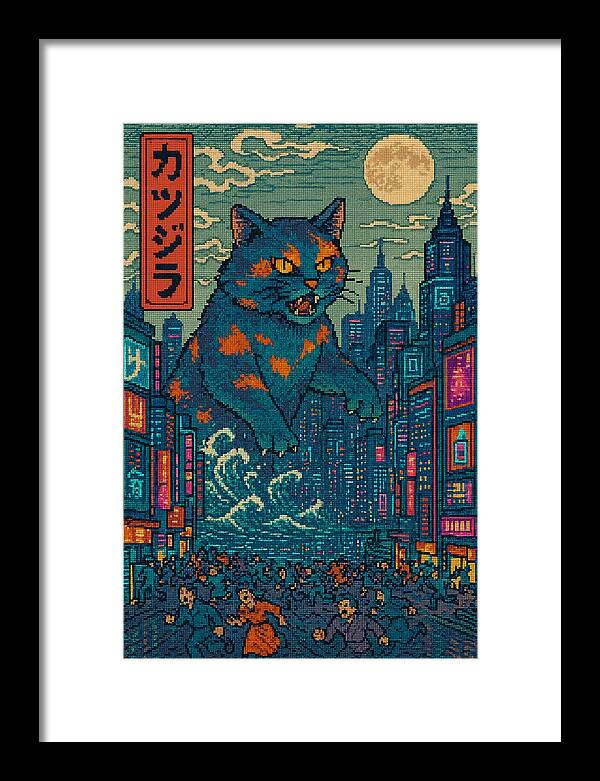 Framed cat city night art print with blue cat, orange patches, and neon skyscrapers.
