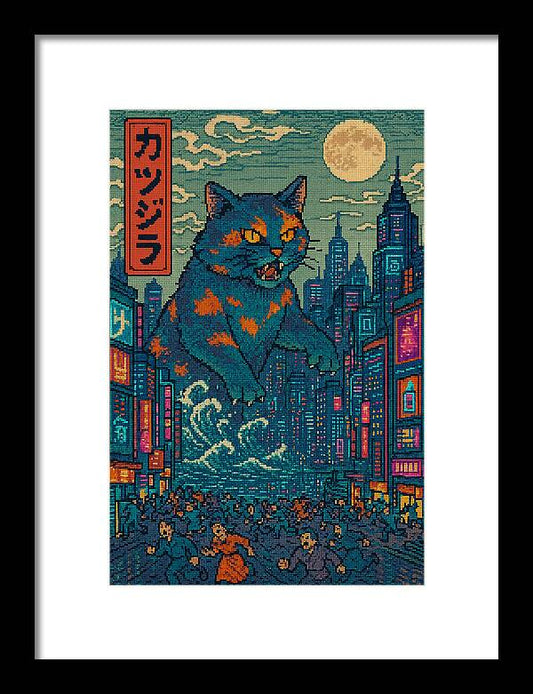 Framed cat city night art print with blue cat, orange patches, and neon skyscrapers.