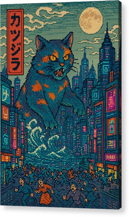 Acrylic print of a blue cat-like monster in a colorful nighttime city skyline.