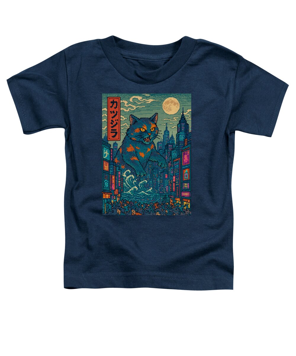 Navy toddler T-shirt with square graphic of a cat monster in a city at night