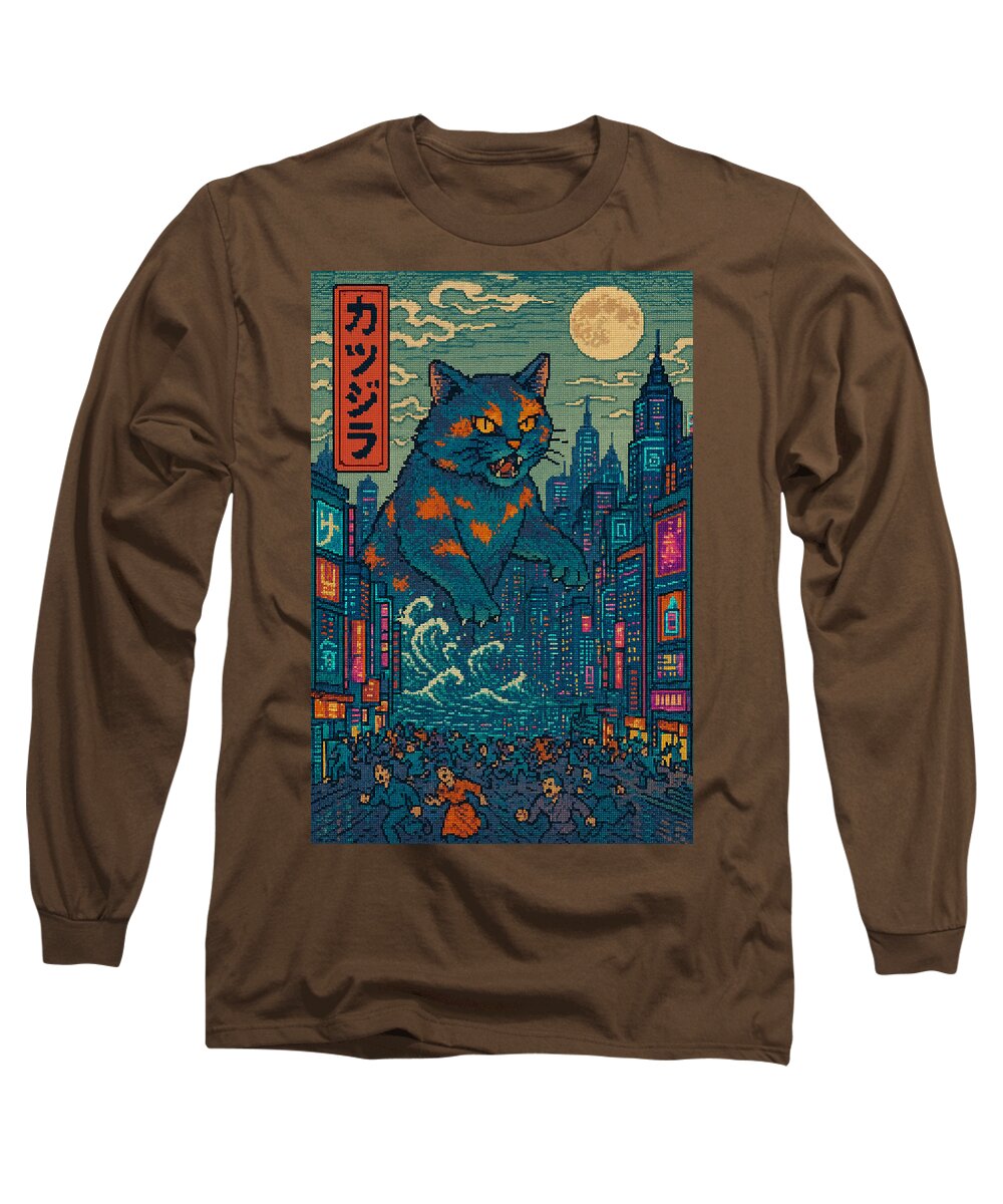 Coffee brown long-sleeve T-shirt with square cat monster city graphic