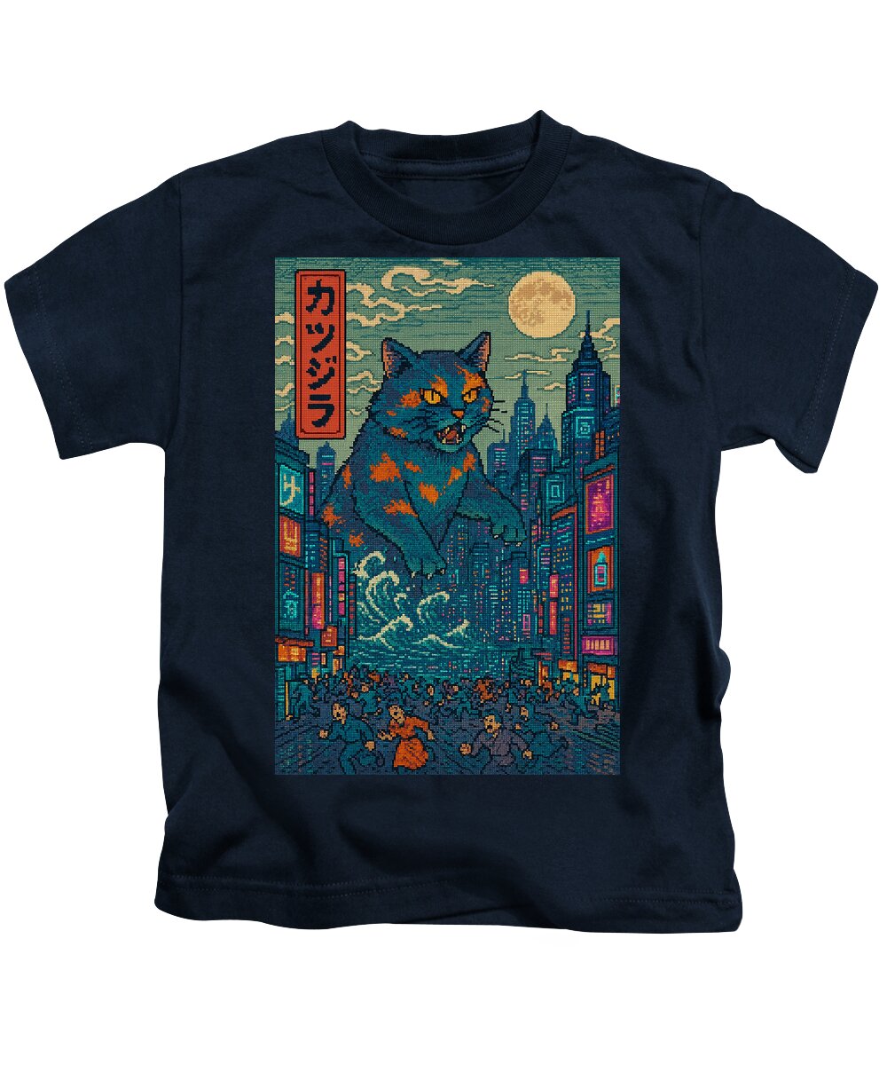 Kids T-shirt in dark navy with square monster cat graphic on the front.