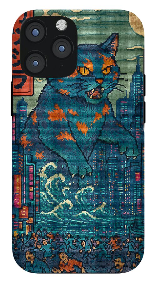 Phone case showing an orange-and-blue cat monster portrait in pixel art city scene