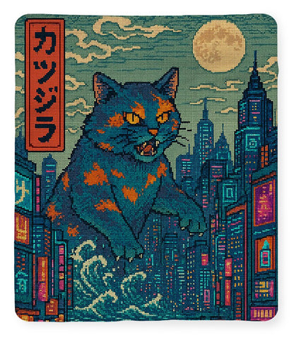 Cat monster throw blanket with blue cat, orange details, yellow sun, and city skyline print