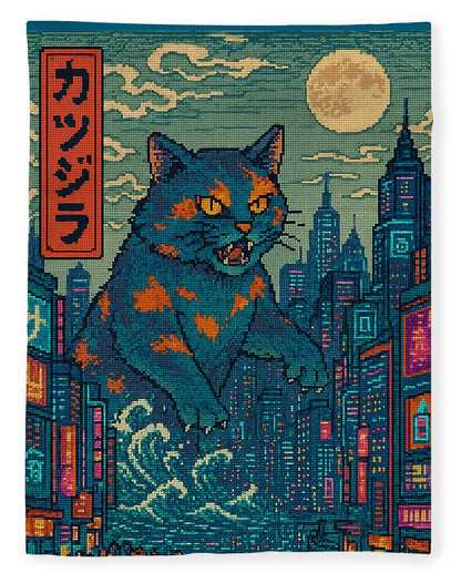 Cat monster throw blanket with blue cat and orange patches over city skyline pixel print