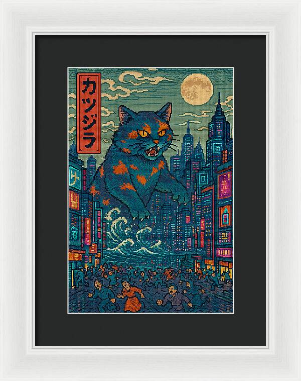 Framed monster cat art print with blue feline, night city skyline, white frame and black mat.