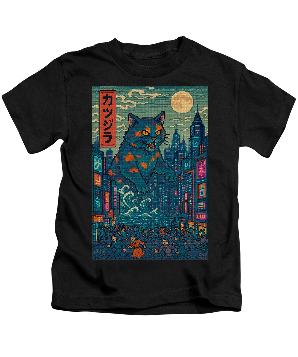 Kids T-shirt in black with square monster cat graphic on the front.