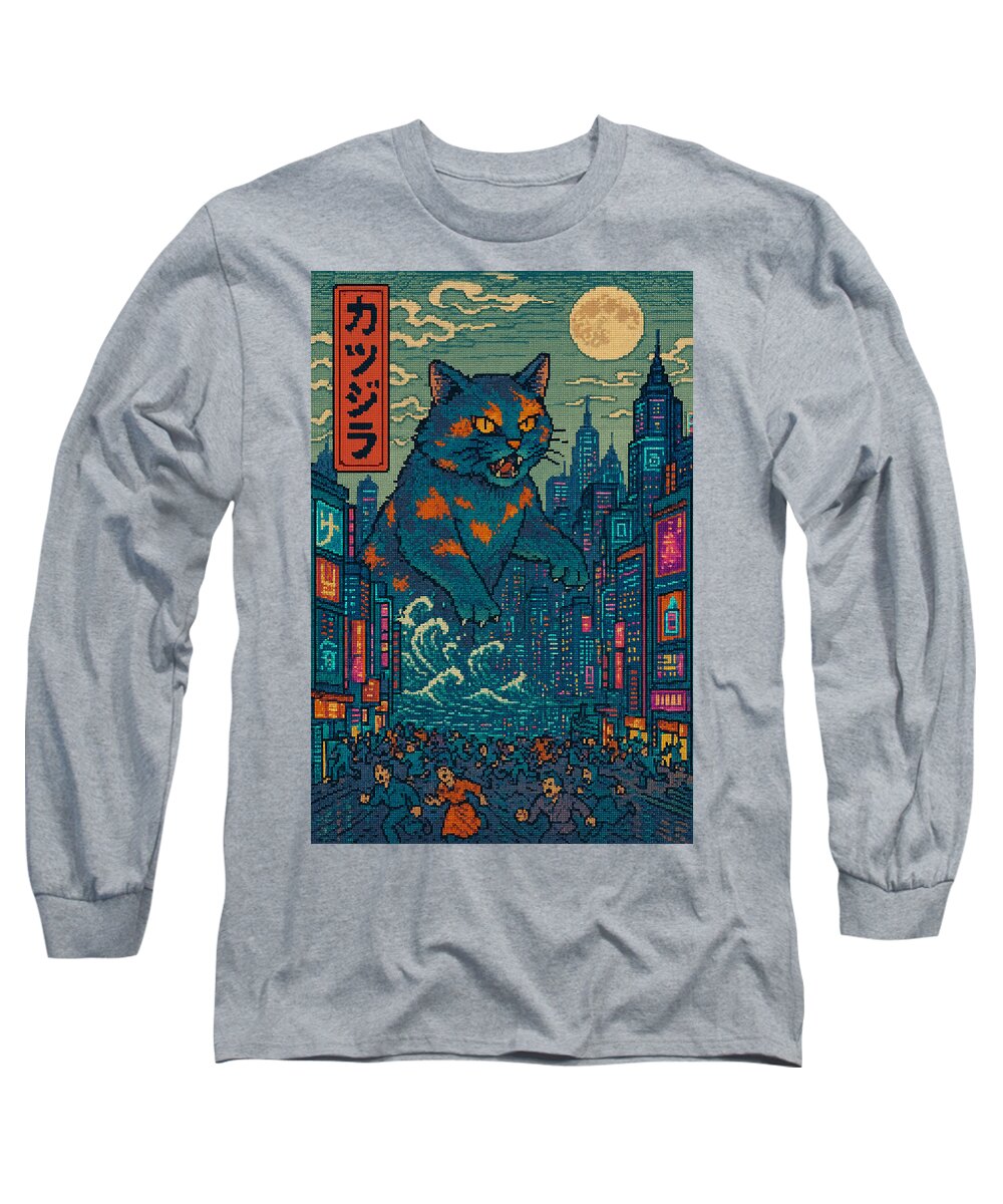 Heather gray long-sleeve T-shirt with square cat monster city graphic