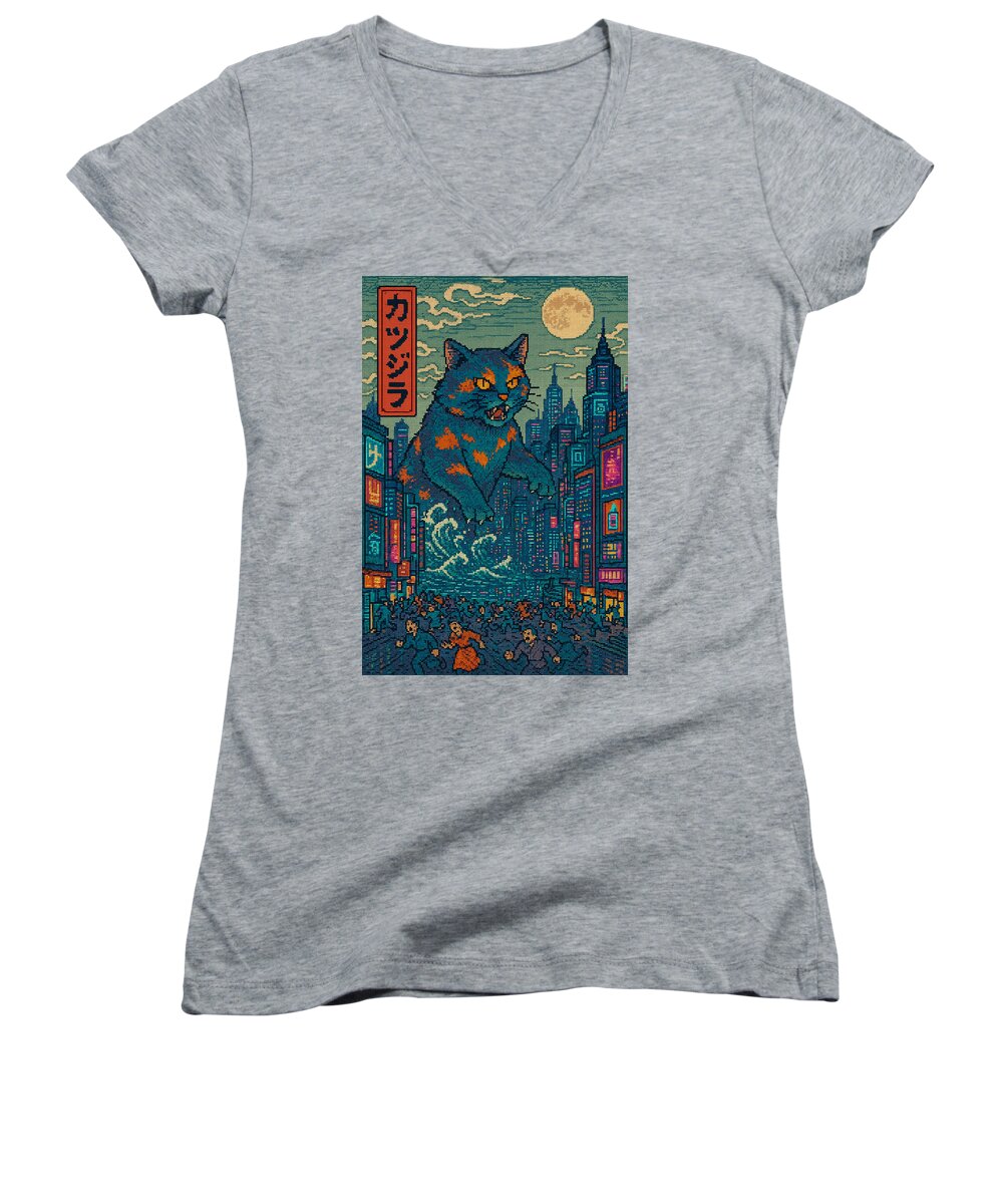 Women's v-neck T-shirt, heather gray with cat city graphic