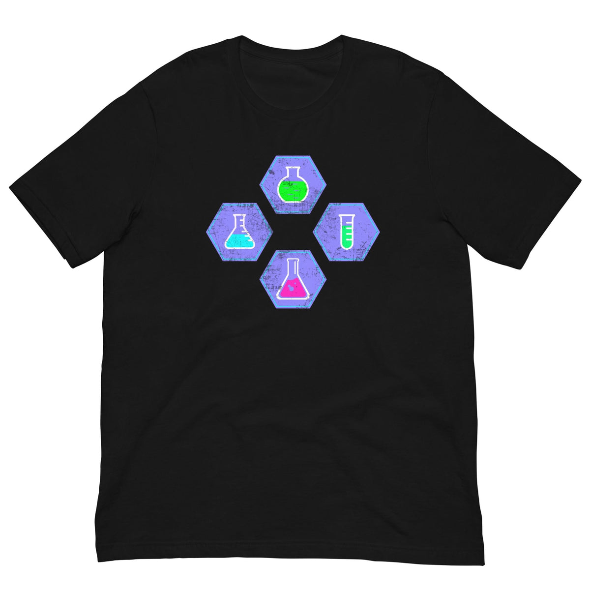 Black crew-neck T-shirt with colorful beaker graphic in hexagon shapes