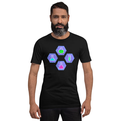 Black crew-neck T-shirt with colorful beaker graphic in hexagon shapes