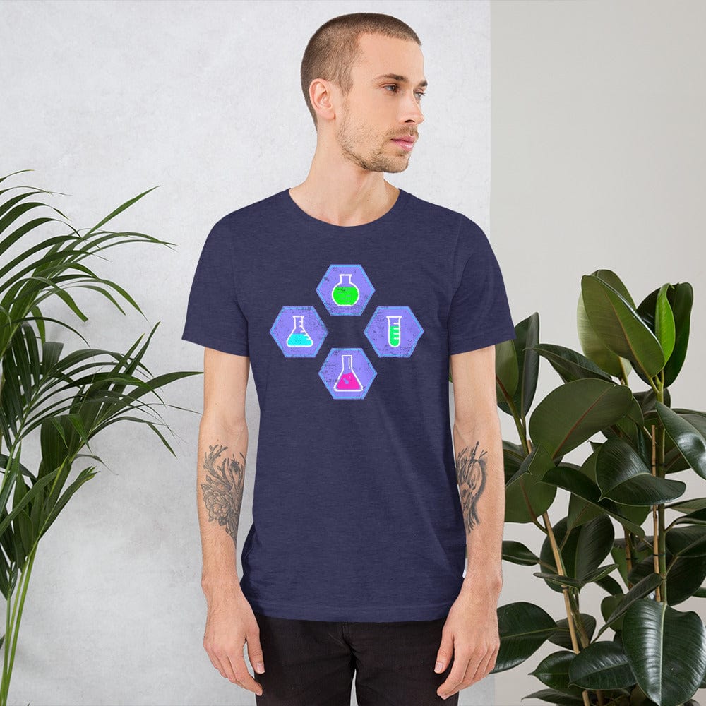 Navy crew-neck T-shirt with colorful beaker graphic in hexagon shapes
