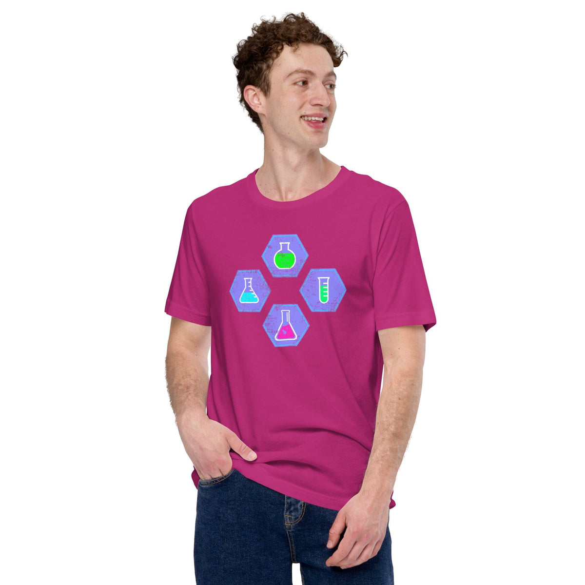 Purple crew-neck T-shirt with colorful beaker graphic in hexagon shapes
