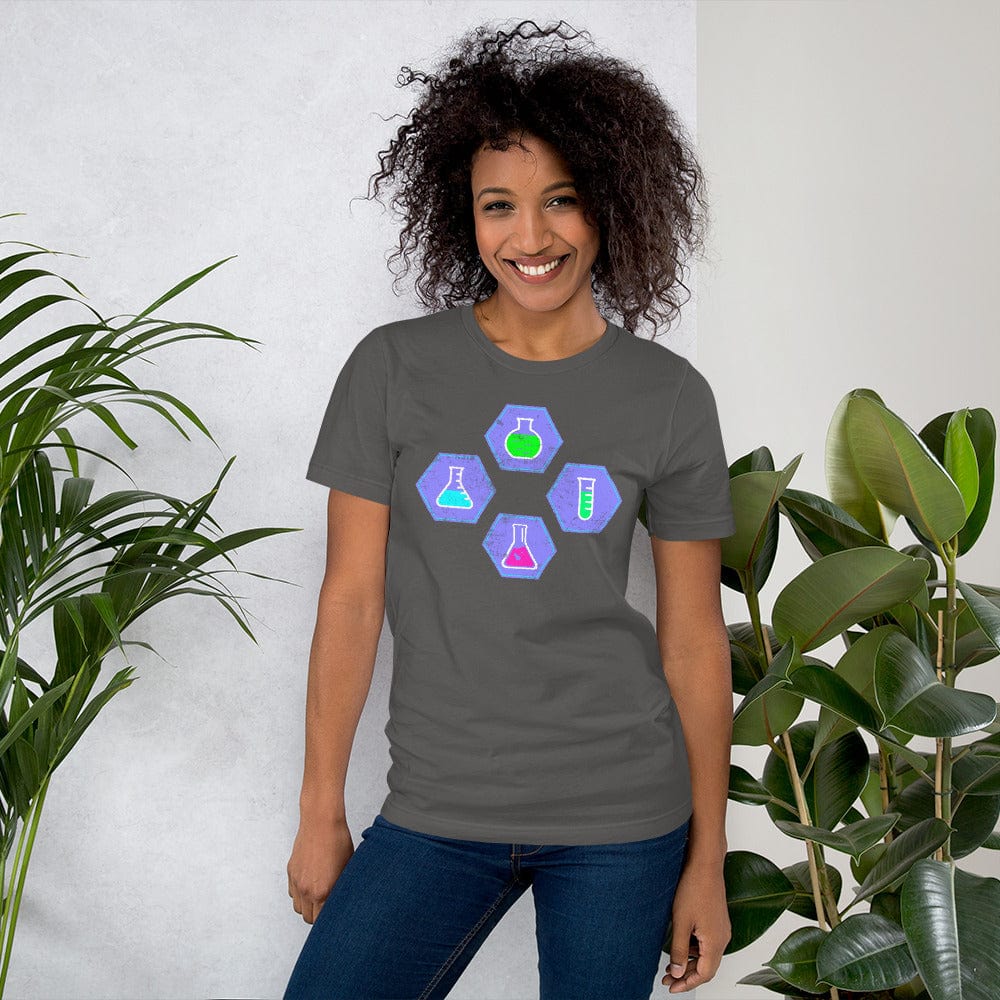 Heather gray crew-neck T-shirt with colorful beaker graphic in hexagon shapes