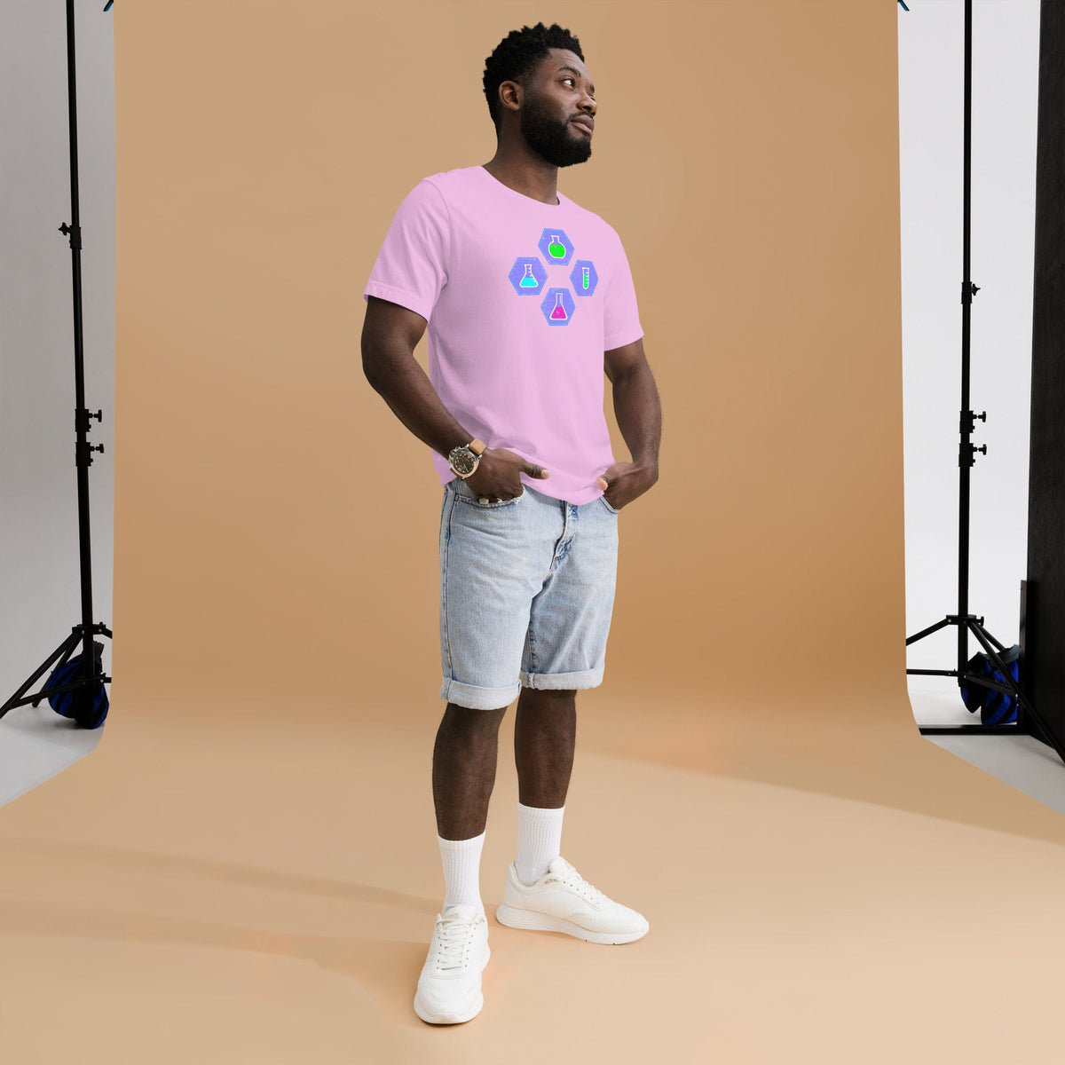 Pink crew-neck T-shirt with colorful beaker graphic in hexagon shapes