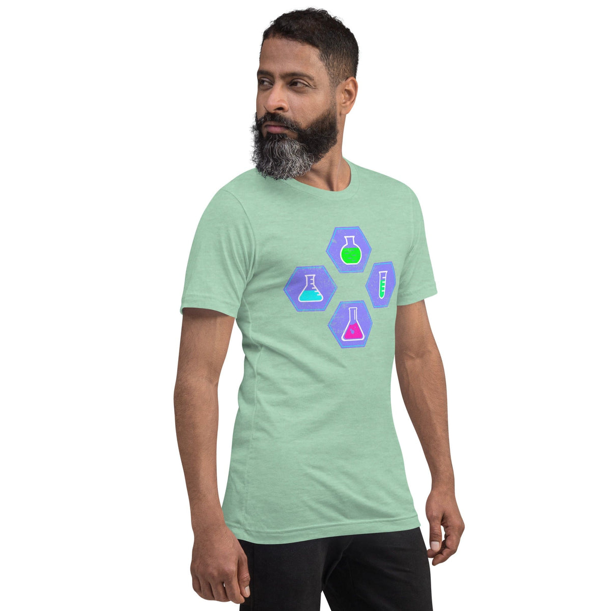 Green crew-neck T-shirt with colorful beaker graphic in hexagon shapes
