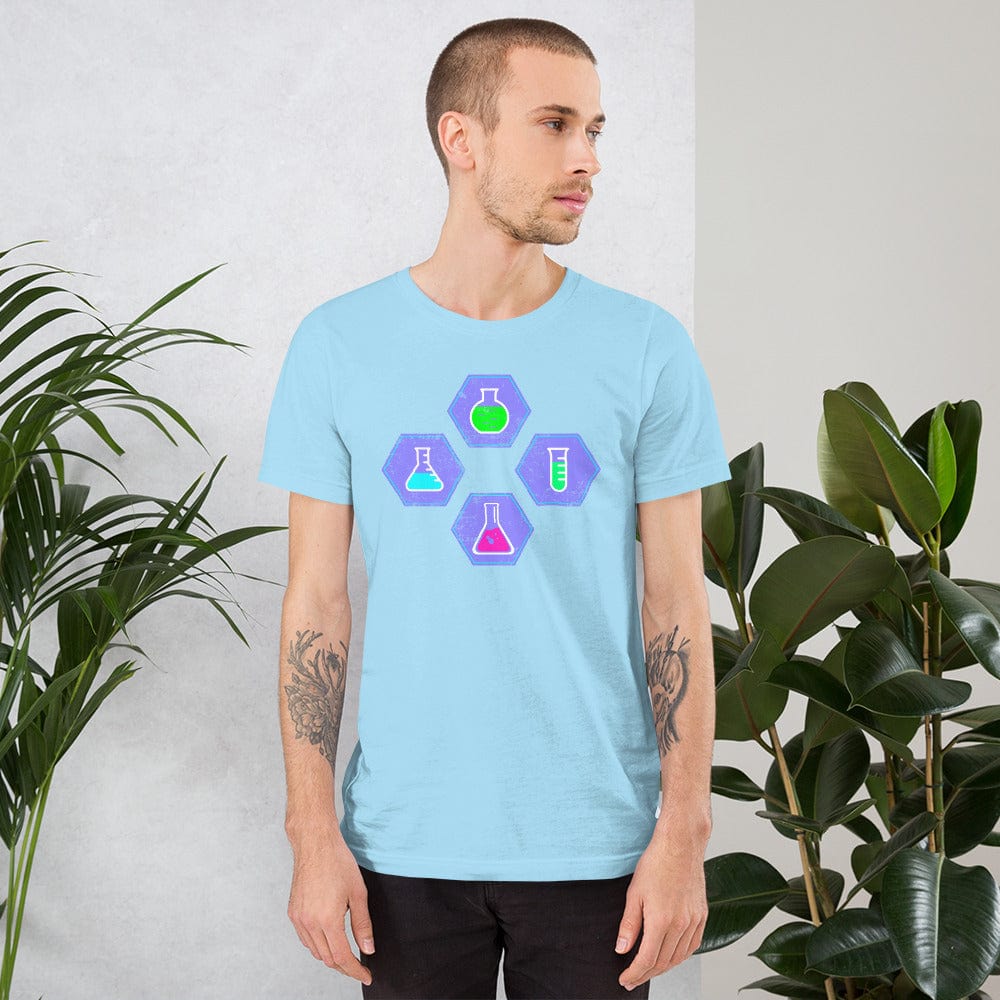 Light blue crew-neck T-shirt with colorful beaker graphic in hexagon shapes