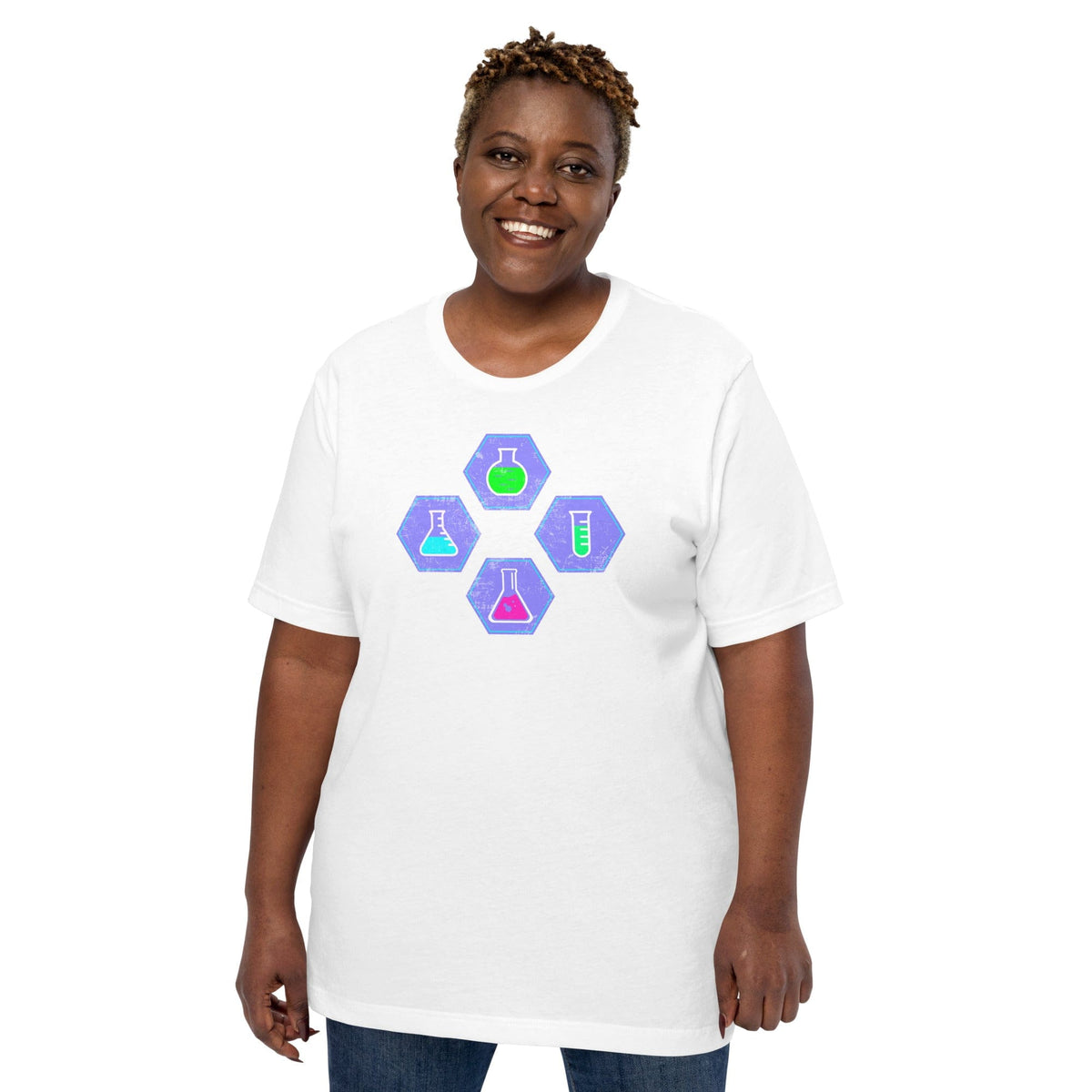 White crew-neck T-shirt with colorful beaker graphic in hexagon shapes