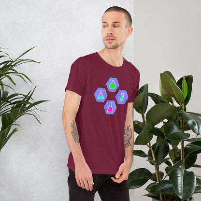 Maroon chemistry T-shirt with colorful beaker and flask hex graphic on chest