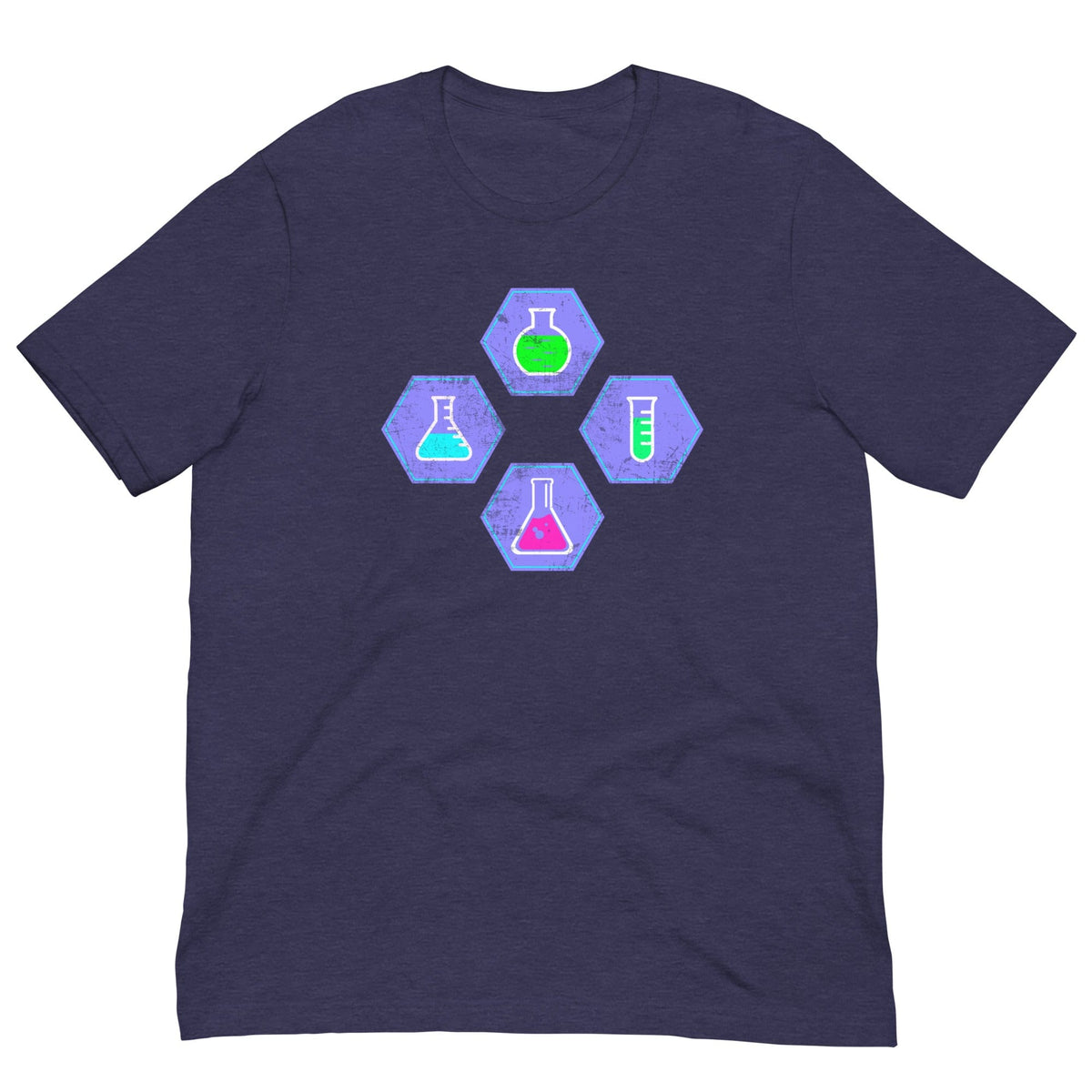 Navy chemistry T-shirt with colorful beaker and flask hex graphic on chest