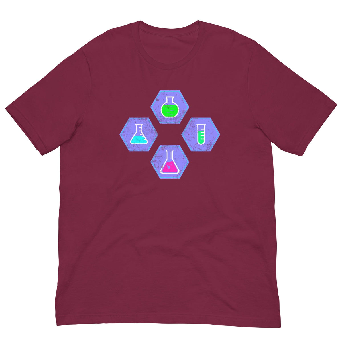 Maroon chemistry T-shirt with colorful beaker and flask hex graphic centered