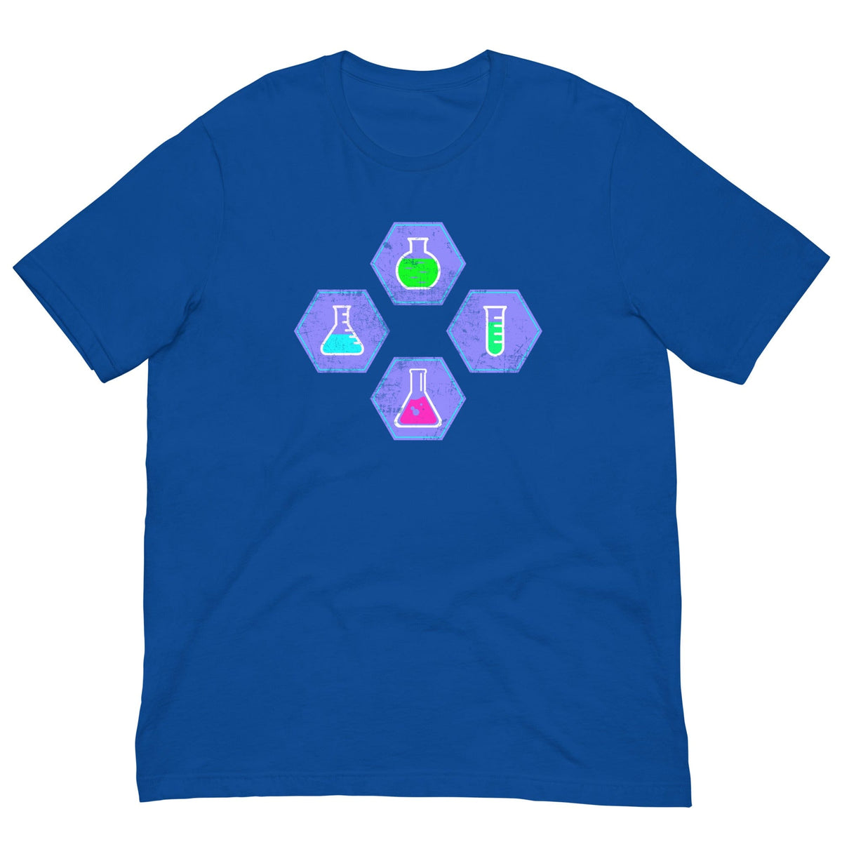 Ocean blue chemistry T-shirt with colorful beaker and flask hex graphic on chest