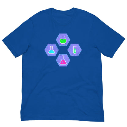 Ocean blue chemistry T-shirt with colorful beaker and flask hex graphic on chest