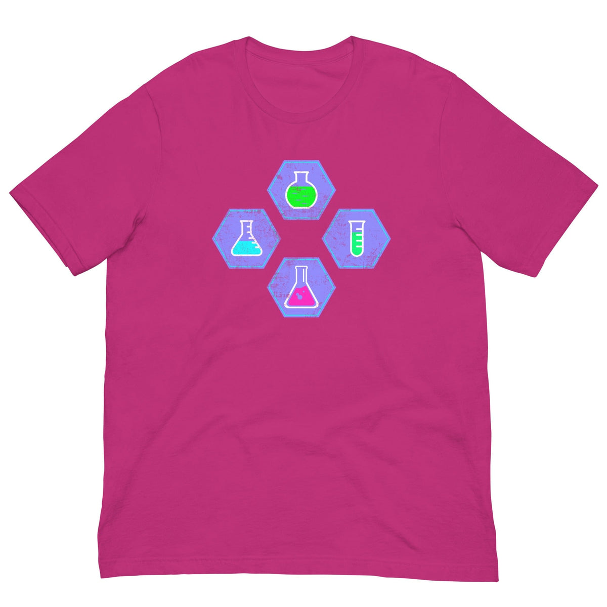 Berry pink chemistry T-shirt with colorful beaker and flask hex graphic on chest