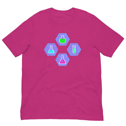 Berry pink chemistry T-shirt with colorful beaker and flask hex graphic on chest