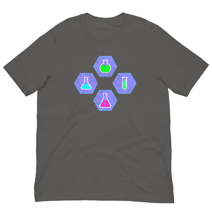 Asphalt gray chemistry T-shirt with colorful beaker and flask hex graphic on chest