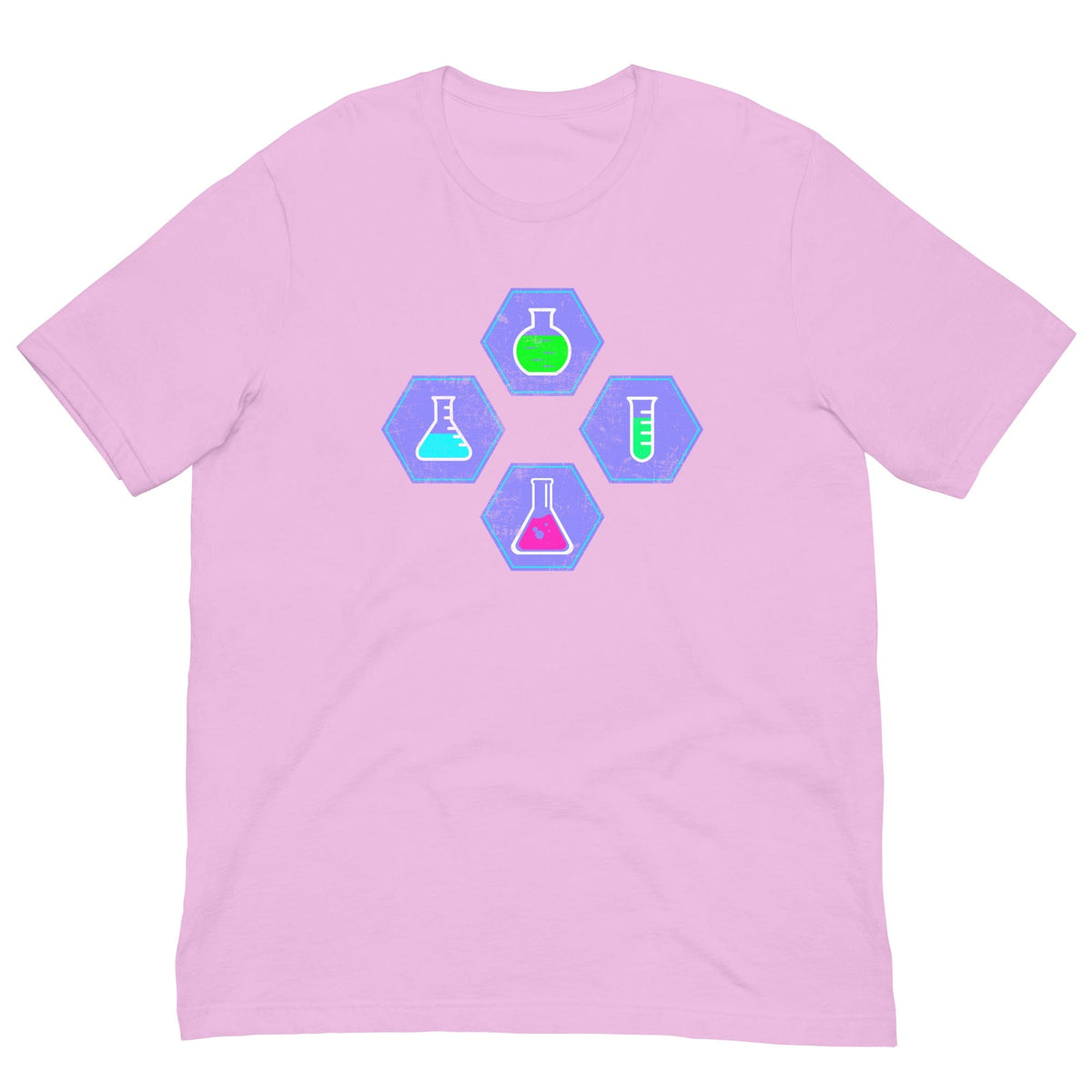 Lilac pink chemistry T-shirt with colorful beaker and flask hex graphic on chest