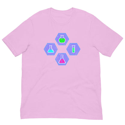 Lilac pink chemistry T-shirt with colorful beaker and flask hex graphic on chest