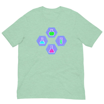Light mint green chemistry T-shirt with colorful beaker and flask hex graphic on chest