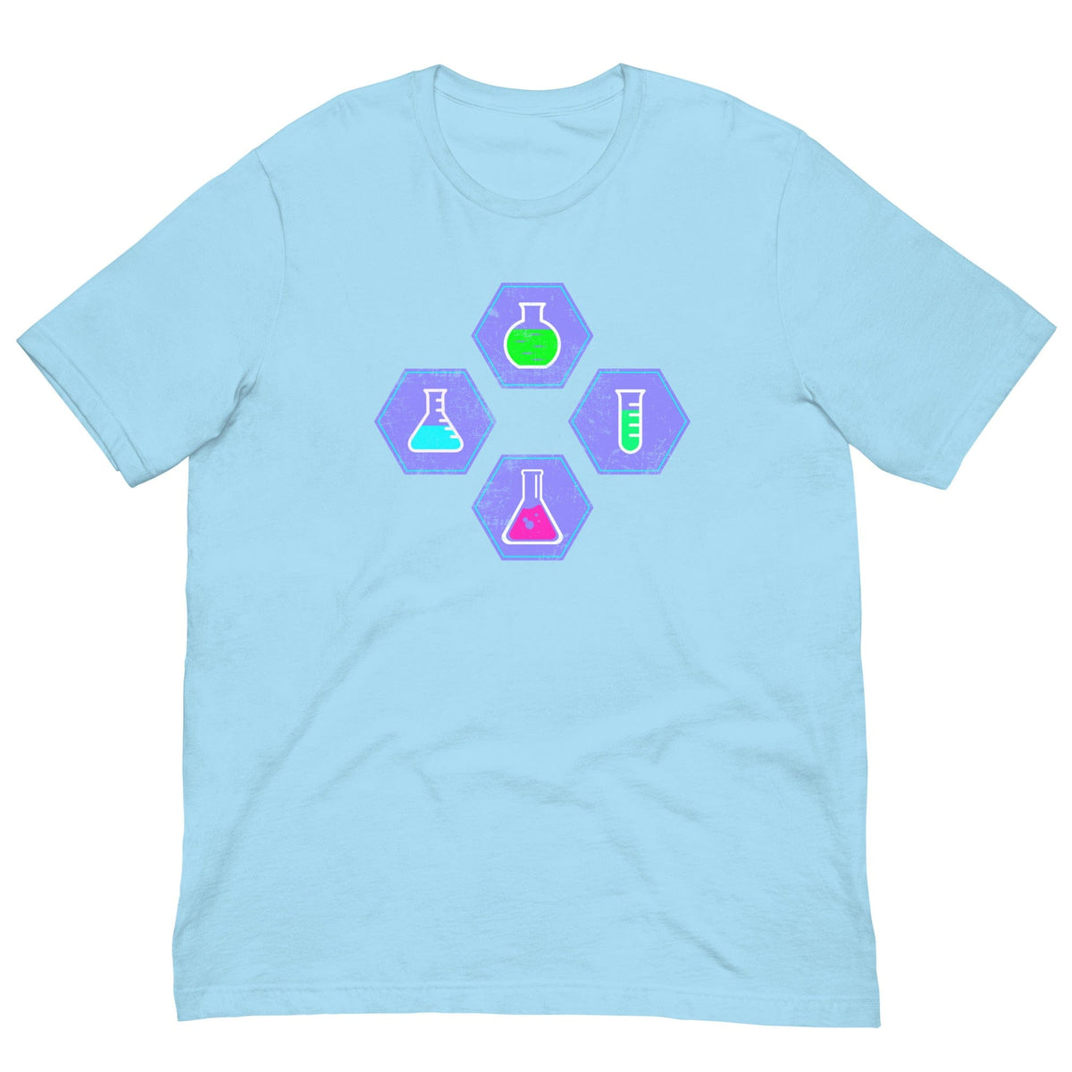 Light blue chemistry T-shirt with colorful beaker science icon graphic on chest