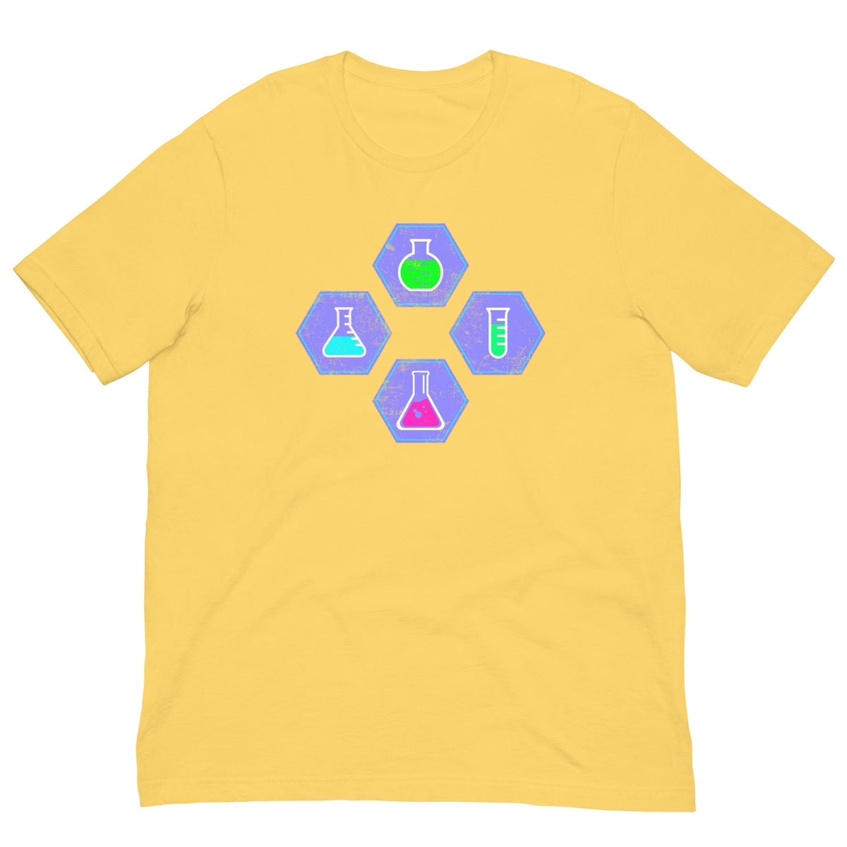 Yellow chemistry T-shirt with colorful beaker science icon graphic on chest