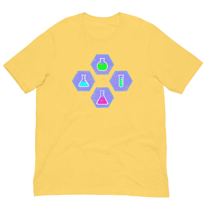Yellow chemistry T-shirt with colorful beaker science icon graphic on chest