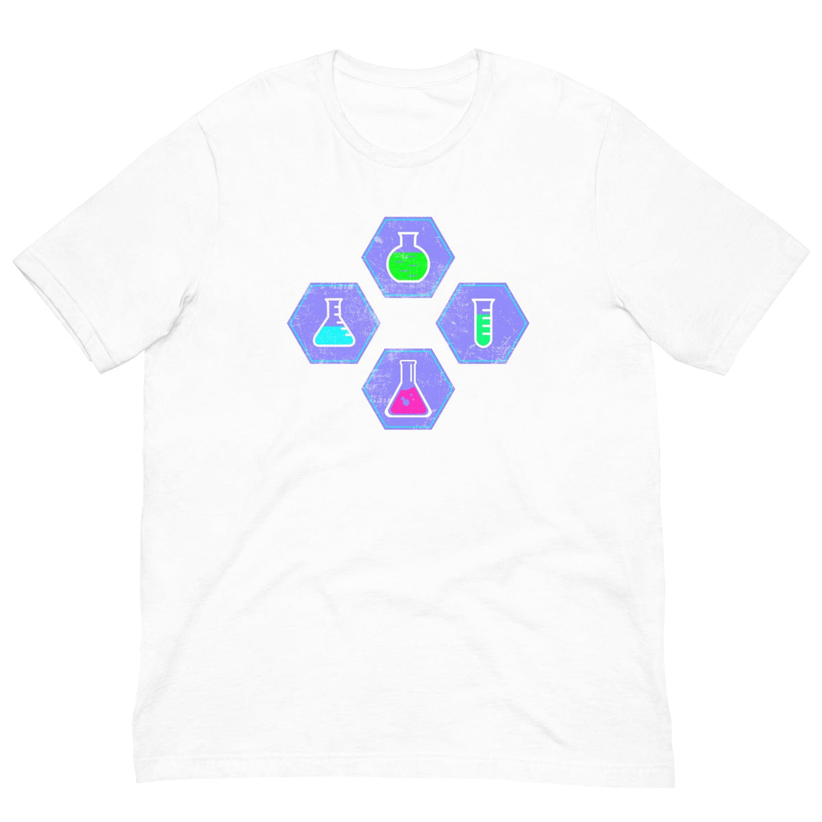 White chemistry T-shirt with colorful beaker science icon graphic on chest
