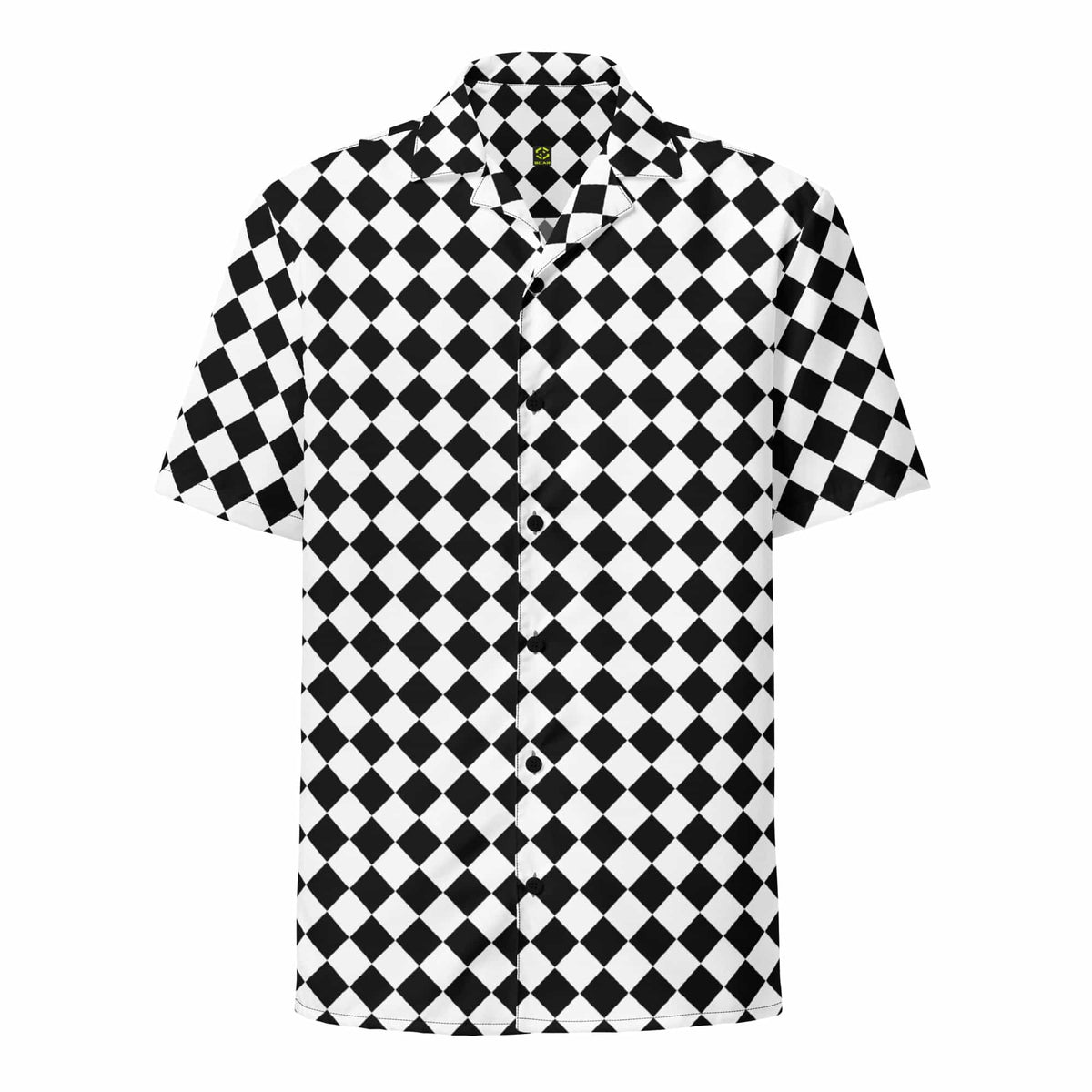 Unisex button-up shirt with black-and-white chessboard check pattern, short sleeves.