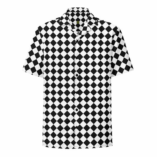 Unisex button-up shirt with black-and-white chessboard check pattern, short sleeves.